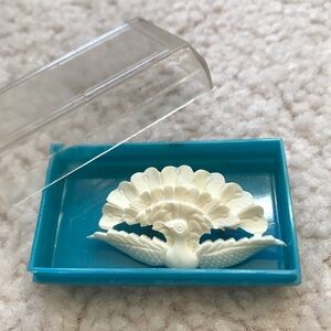 Vintage White Carved Peacock Brooch in Original Box